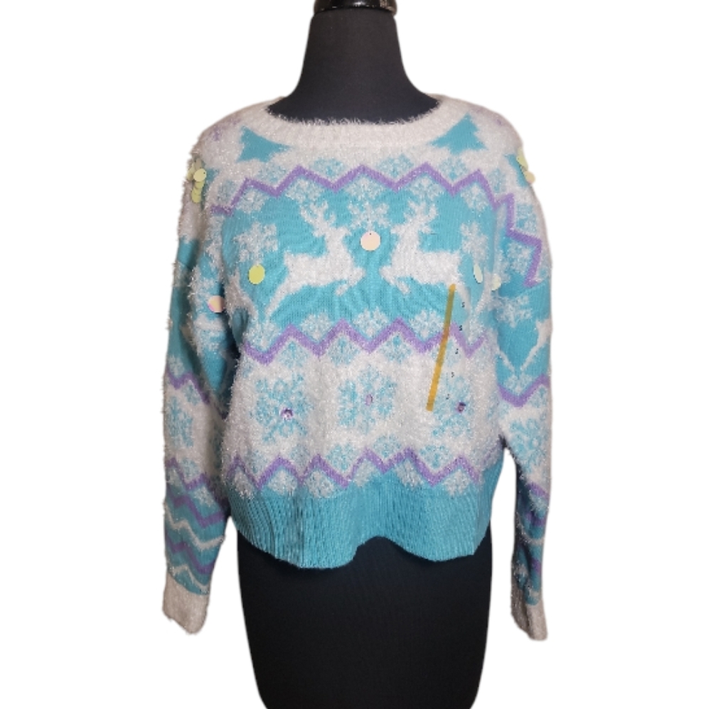 33 Degrees small fuzzy chevron stripe cropped sweater drop shoulder pullover